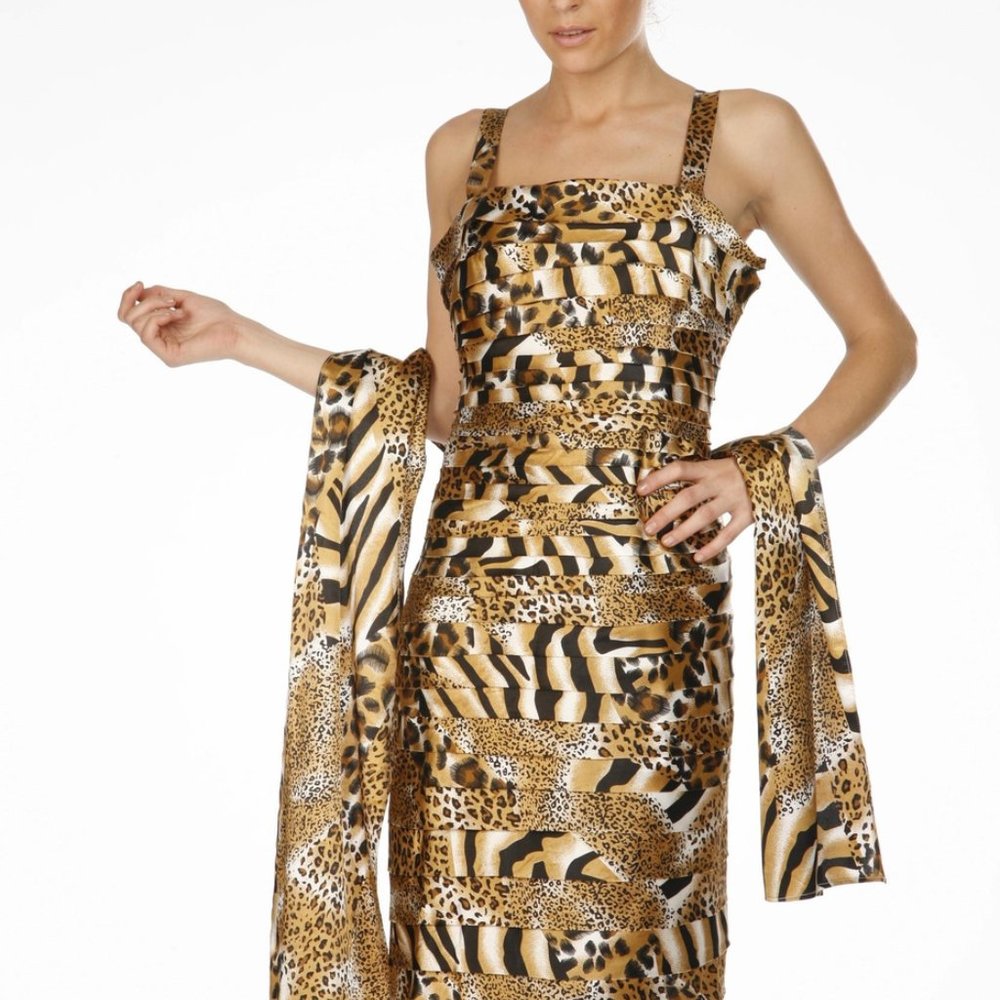 Animal Print Satin Sheath Dress with Matching Shawl - Gold/Tan